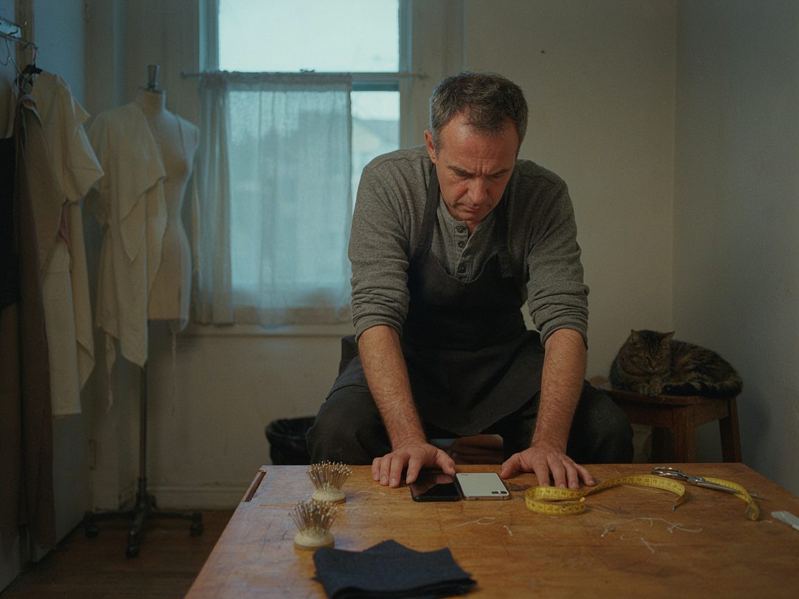 A tailor at a work table comparing two smartphones. Illustration made with AI.