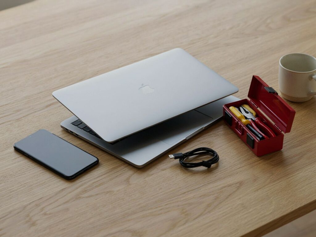 A phone, a laptop and a small toolbox side by side on a table