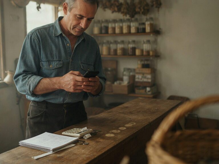 A shop owner at a counter checking a phone beside a notebook and calculator. Illustration made with AI.