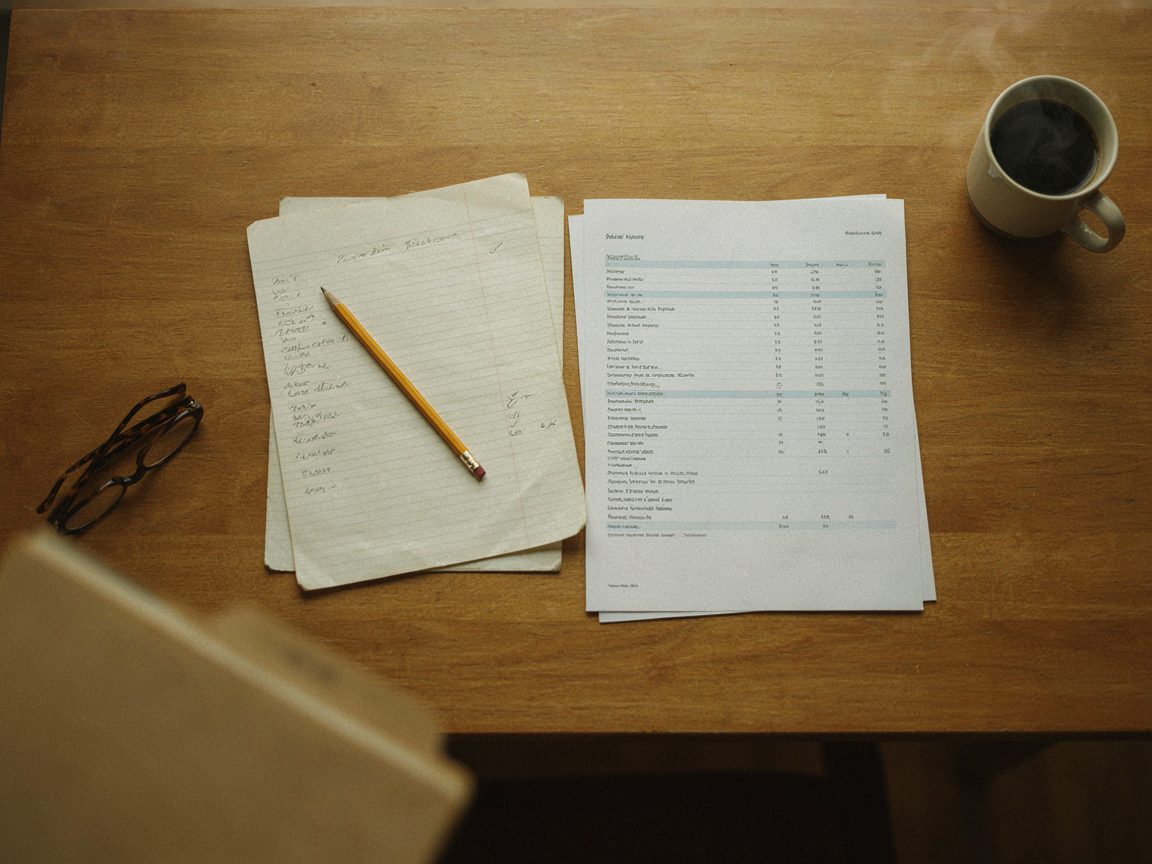 A handwritten page and a typed copy side by side with a pencil, for checking one against the other