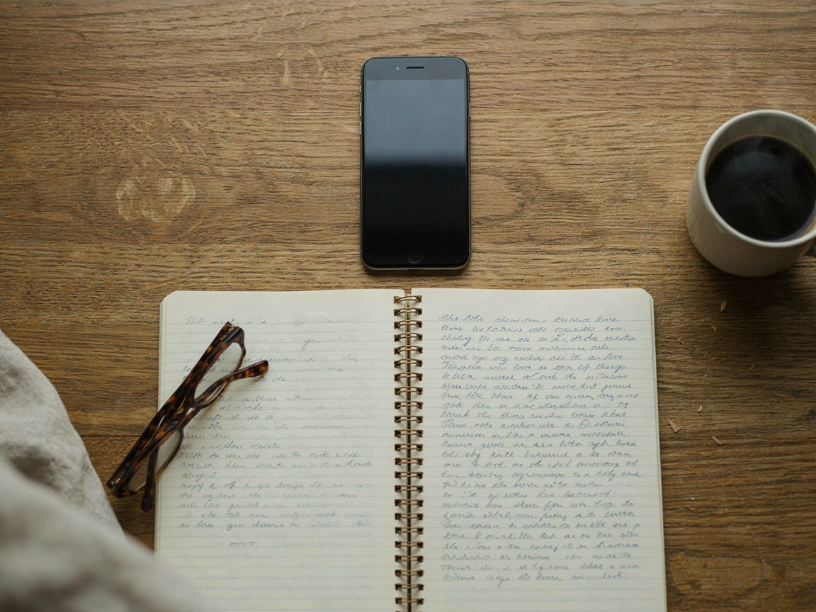 A phone placed beside an open handwritten notebook on a wooden table in daylight
