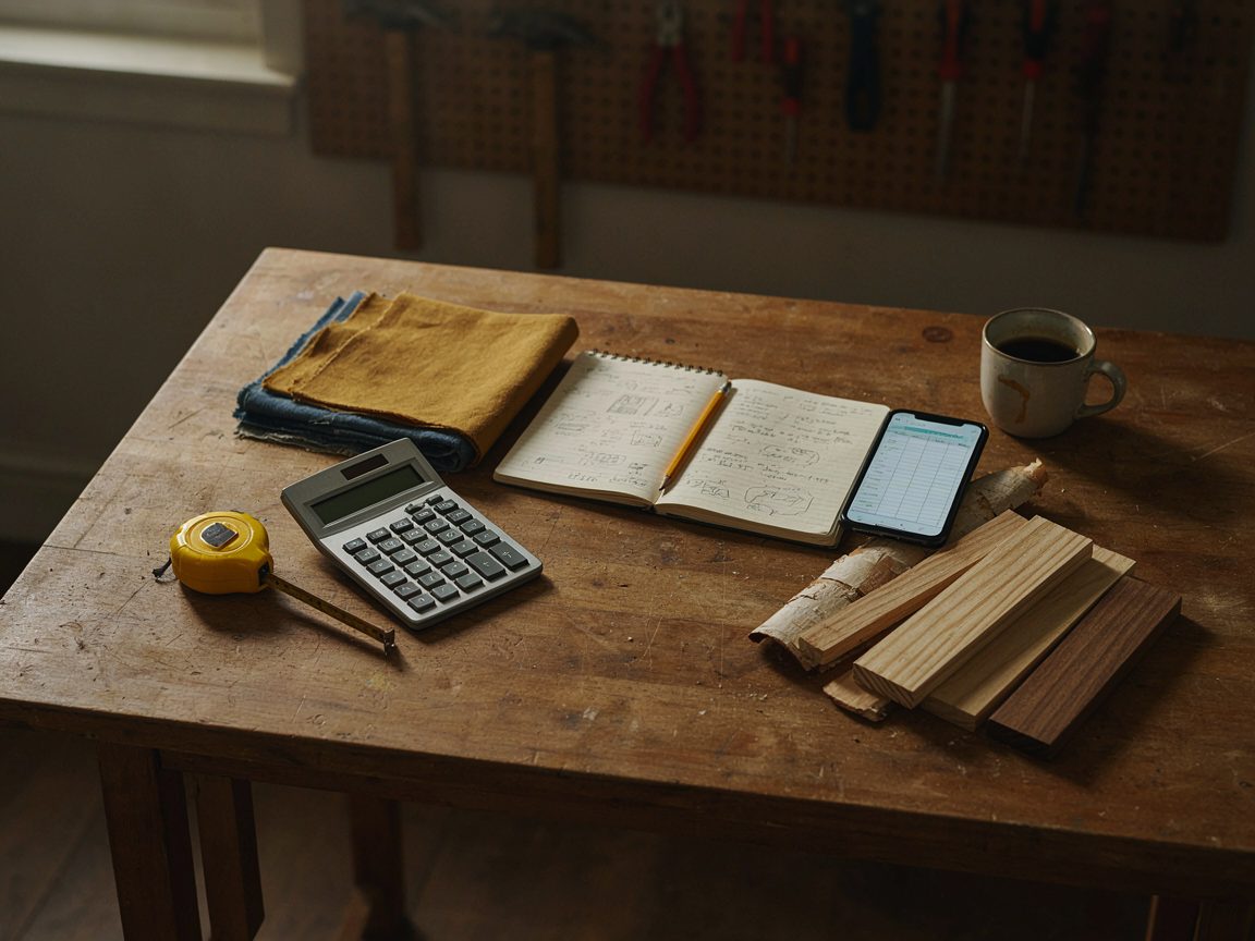 A workshop table with a calculator, tape measure, notebook, fabric, wood and a phone showing a spreadsheet