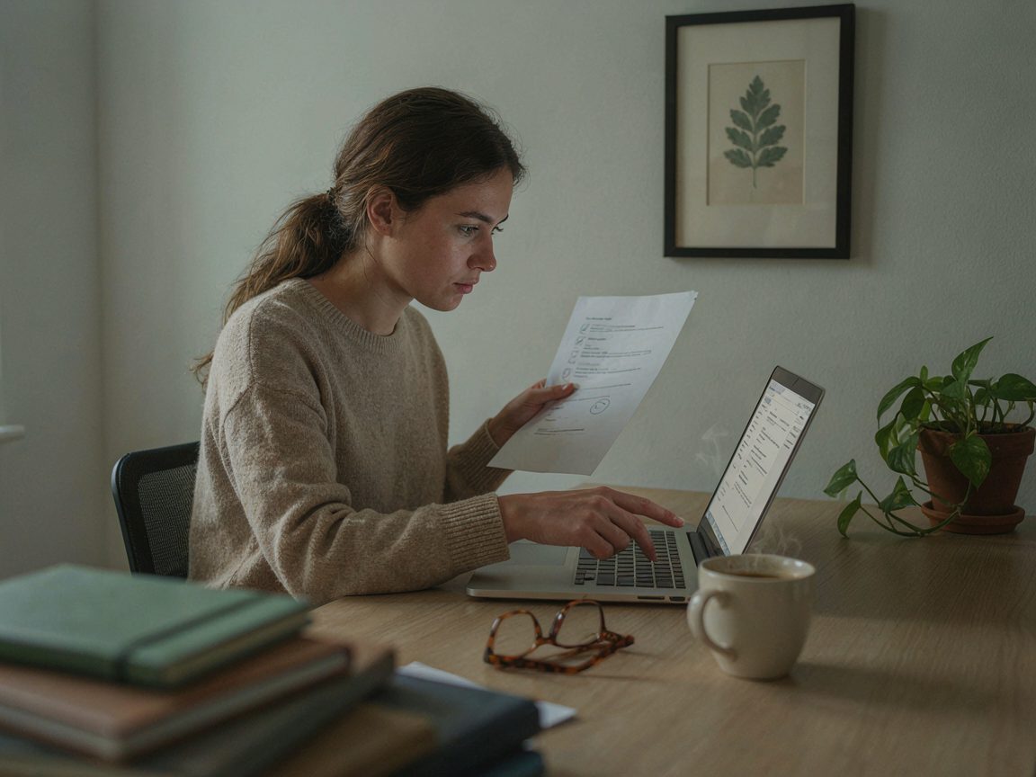 A freelancer uses a checklist to check an AI answer on a laptop. Illustration made with AI.