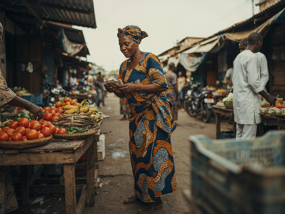 Small business owner checking a phone at a market stall. Illustration made with AI.